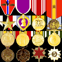 Bronze Star (3), Purple Heart, Good Conduct, National Defense, WW2 Occupation, Korean Svc, Vietnam Svc, UN Svc, RoK Svc, RVN Gallantry Cross, RVN Wound, RVN Campaign